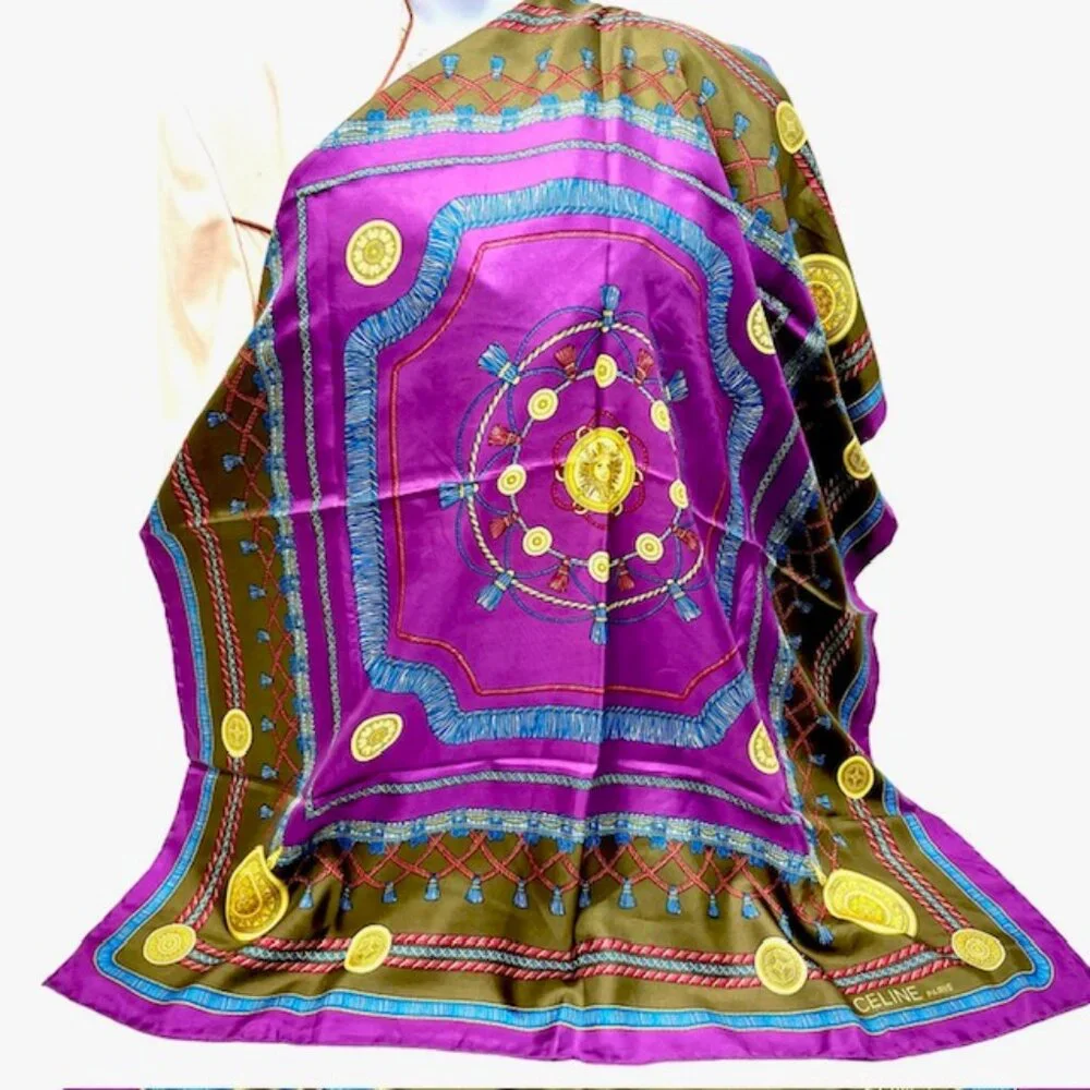 Vgt Celine Paris 100% Silk Scarf Satin 32" purple blue olive red twine tassel(44 - Picture 5 of 15